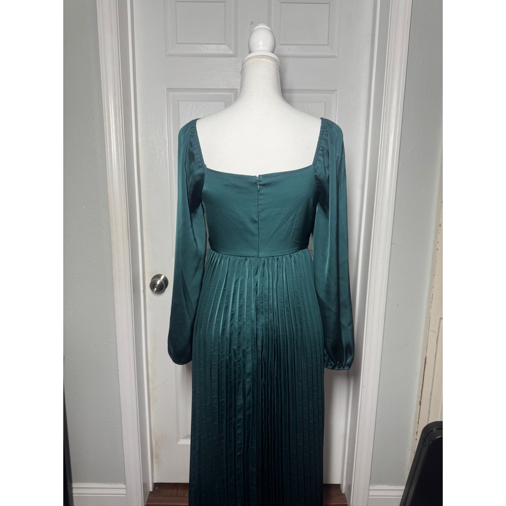 By The River Pleated Satin Midi Dress M Green Excellent Long Sleeve - Picture 4 of 6